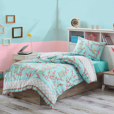 Elegant Single Quilt Cover Set, Turquoise & White / Beige & Pink, 53.1 x 78.7 inches | 65% Cotton / 35% Polyester, Machine Washable, 120 Thread Count | Features Envelope & Button Closure for Easy Use