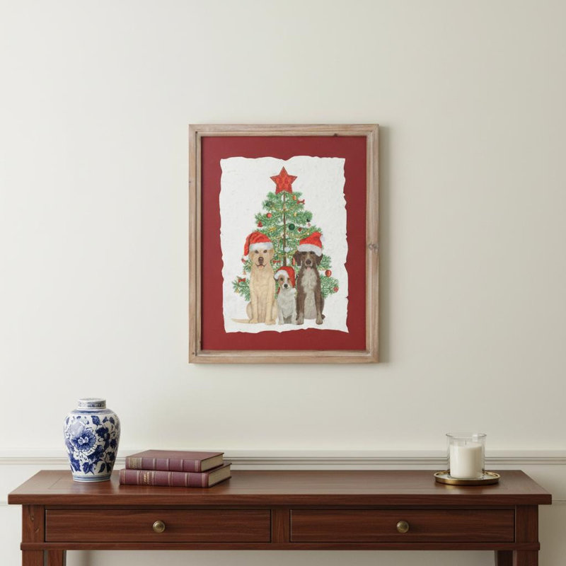 «Holiday Dogs and Christmas Tree», art mural encadré brun