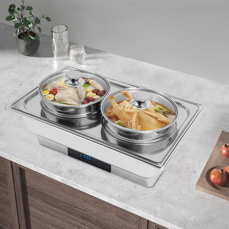 Chauffe-plat électrique autoportant en acier inoxydable à 2 casseroles