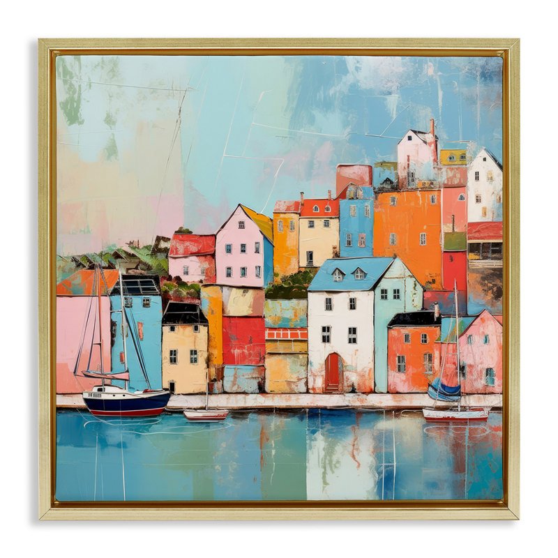 Peinture de quartier bord de mer, H 18 po x l 18 po, Cadre flottant métallique doré