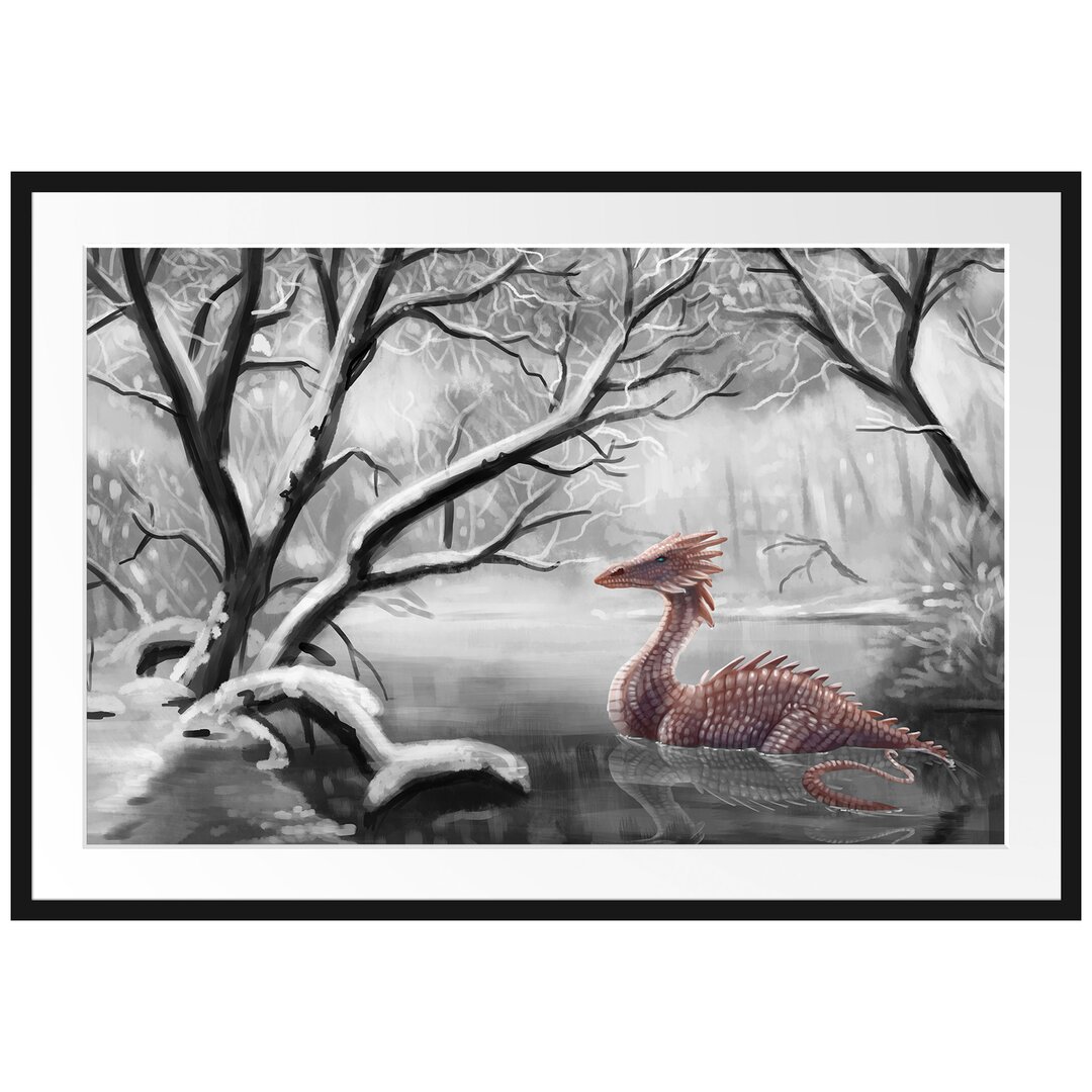 Gerahmtes Poster Drache im schneebedeckten Wald