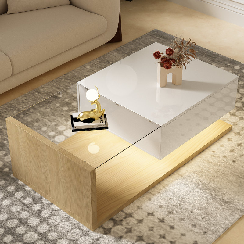 Omer Frame Coffee Table with Storage, White Top/Natural Base