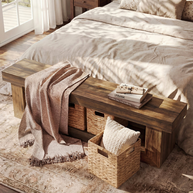 63" End Of Bed Bench, Rustic Wooden Storage Bench With 4 Baskets, Brown