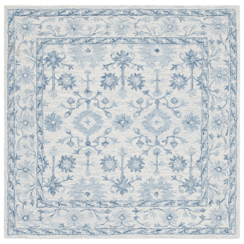 Lethe Oriental Handmade Tufted Wool Blue/Ivory Area Rug, Square 7'