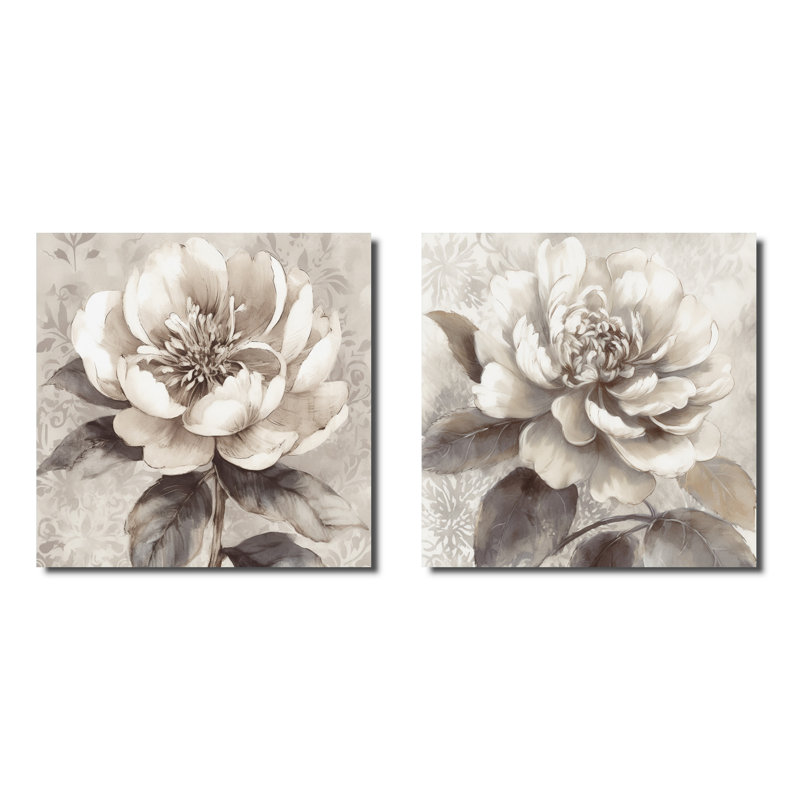 Pivoines grises sur une branche - ensemble de 2 pivoines carrées, Toile tendue, H 16 po x l 33 po