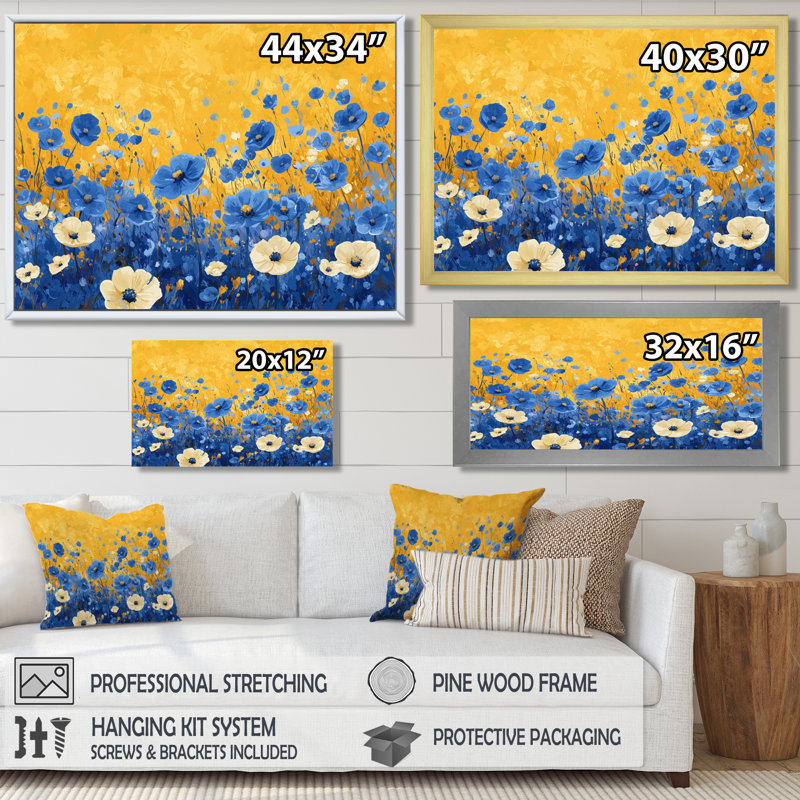 «Ison Blue Golden Wildflower Meadow Scenery II», art mural fleurs sauvages, Brun, Impression encadrée flottante