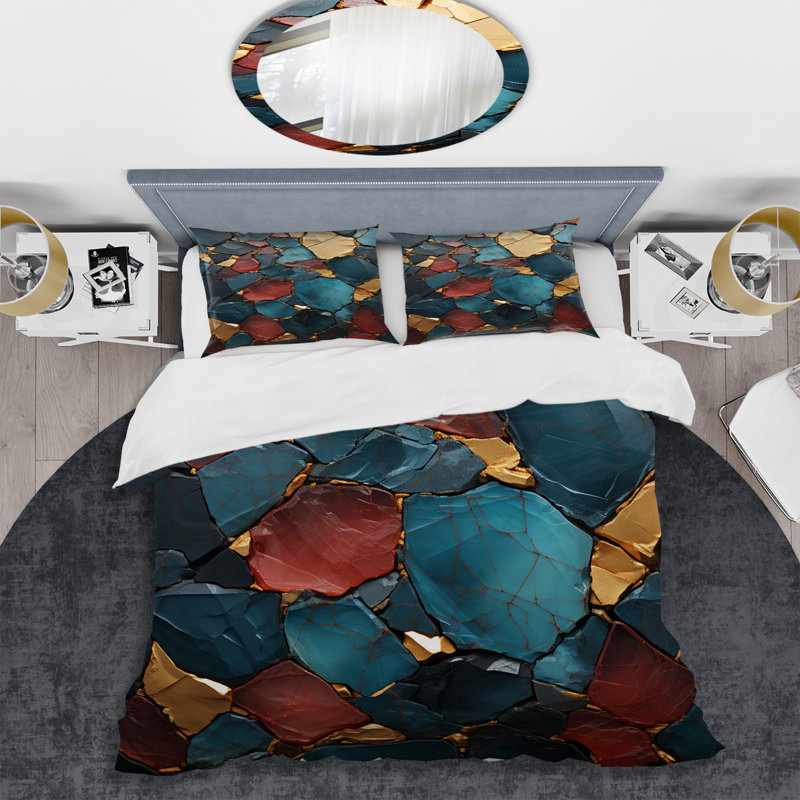 Ensemble de housse de couette en marbre bleu et rouge Elegance III - Marbre abstrait