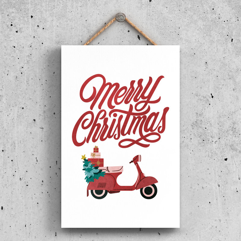 Xmas Merry Christmas Scooter Wooden Plaque, 28.5cm H x 18.5cm W x 0.9cm D