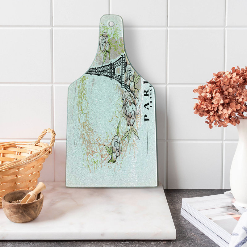 Ambesonne Paris Tempered Glass Cutting Board Floral Eiffel Tower Layout White Multicolor