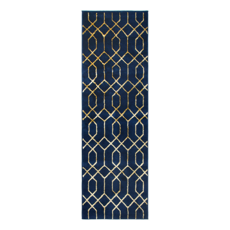 Glam Navy Blue Gold Area Rug, Runner 2' x 6'1"