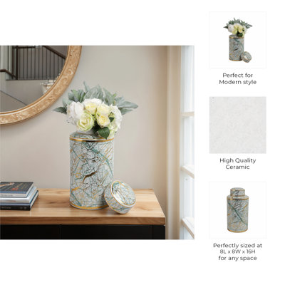 Modern Ceramic Marble Pattern Table Jar with Lid for Home Decor - Decorative Cylindrical Tall Jar for Storage Accent or Shelf Styling - Green