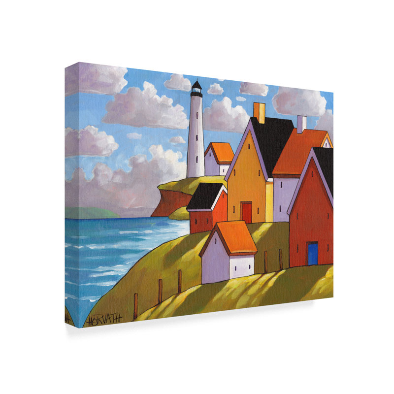 «Lighthouse Cottage Hillside View», reproduction de peinture acrylique sur toile tendue, H 14 po x l 19 po x P 2 po