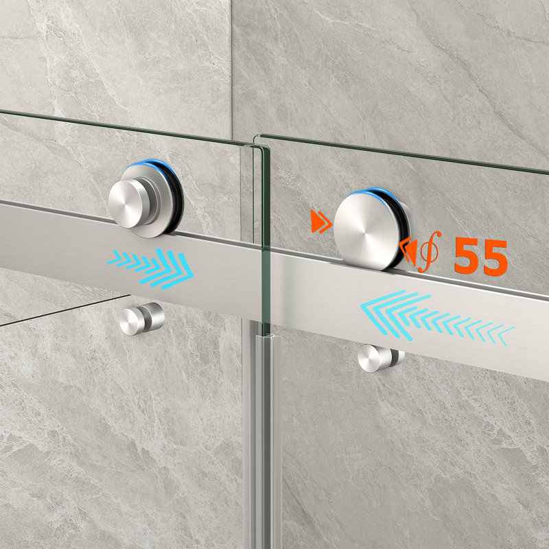 Porte de douche coulissante sans cadre pour baignoire, finition nickel brossé, 140-152 cm L x 152 cm H, avec pellicule nano anti-explosion et verre trempé.