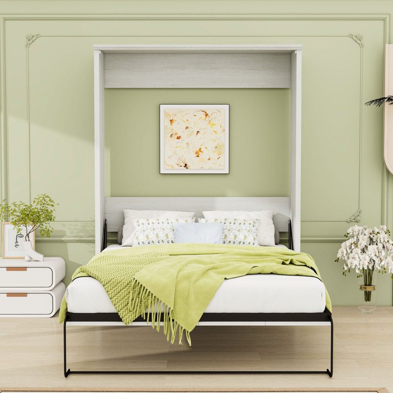 Grand lit escamotable en bois, Blanc rustique