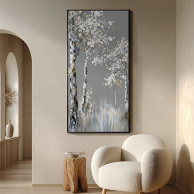 Très grande reproduction d'art sur tissu mural - Élégants bouleaux blancs avec des accents dorés sur fond gris pour le salon ou la chambre à coucher - «Assemblage requis du cadre (cadre non fini)»