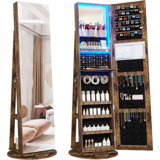 LED Light Jewellery Cabinet with Full Length Mirror 360° Swivel, Lockable Free Standing Mirror with Jewellery Storage, Inside Makeup Mirror, Rustic Brown