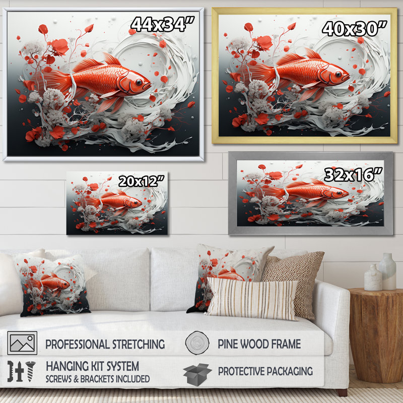 «Kois» rouge et gris nageant avec sérénité I sur toile, Cadre naturel flottant, H 24 po x l 32 po x P 1 po