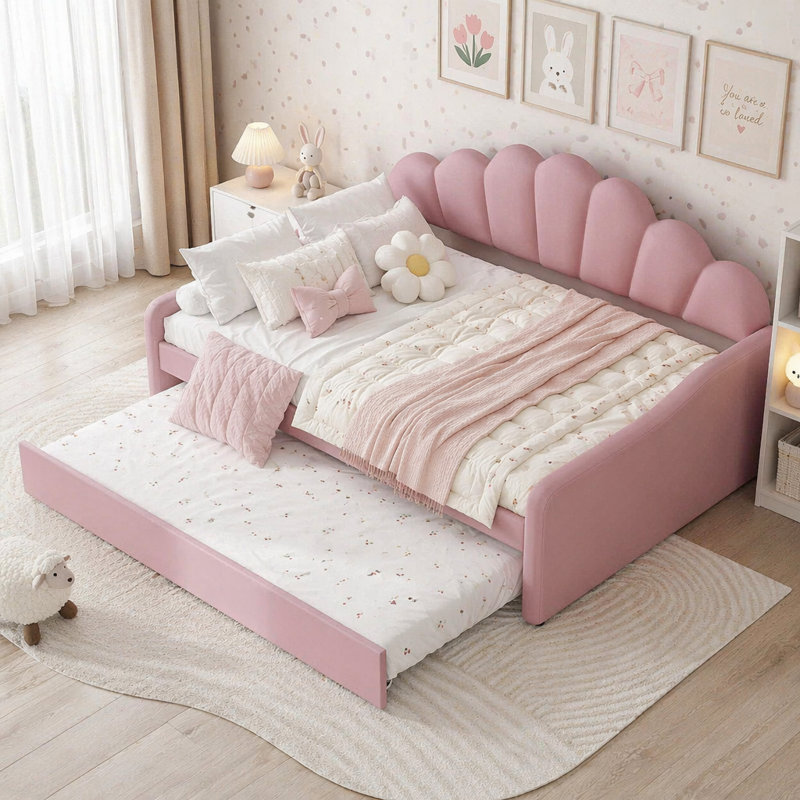 Full Size Upholstery Daybed Frame with Trundle, Pink