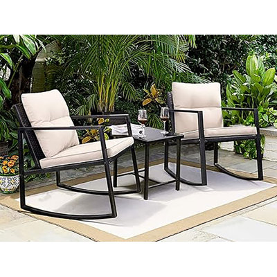 3-Piece Rocking Wicker Bistro Set - Patio Outdoor Furniture Conversation Set With Porch Chairs And Glass Coffee Table, Beige -  Ivy Bronx, 0FF86792D82140A0968A745CB9F708BD