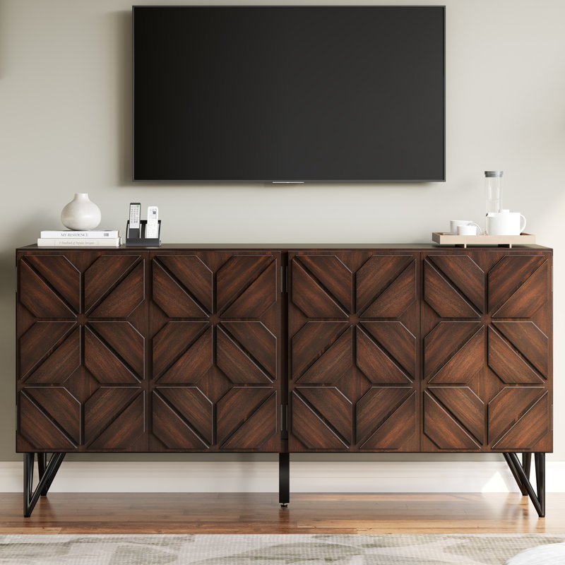 62" Solid Wood Sideboard With Hand-Carved Door Panel, Walnut Brown