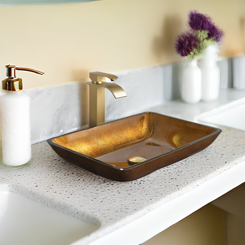 Lavabo de salle de bain rectangulaire en verre avec robinet MONSFEST, Brun, Or