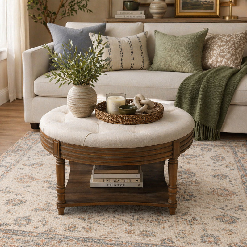 Repose-pieds de table basse rembourré Farmhouse, Beige