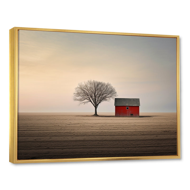 «Red Barn Minimalisme Country Charm II», art mural toile de grange_106677, H 16 po x l 32 po x P 1 po, Cadre flottant doré