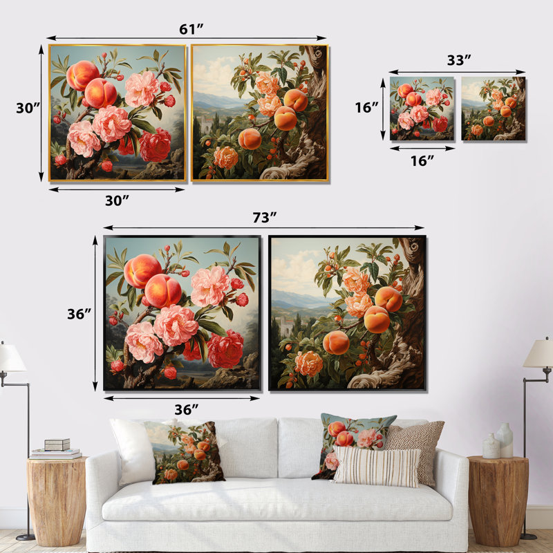 Art de la peinture sur bois Renaissance, ensemble de 2 fruits sur toile I, Cadre flottant noir, H 36 po x l 73 po x P 1,5 po