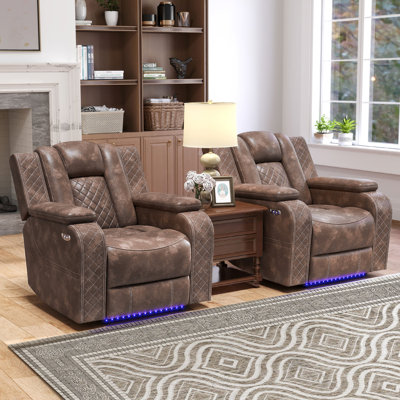37.8" Modern Multifunctional Vegan Leather Dual Motor Power Recliner With Adjustable Headrest, LED Lighting, USB Port & Arm Storage(Set Of 2)