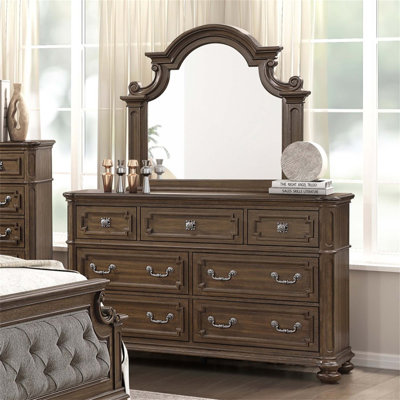 Ensemble de commodes et de miroirs arqués à finition traditionnelle avec 7 tiroirs, design élégant pour les meubles de chambre à coucher