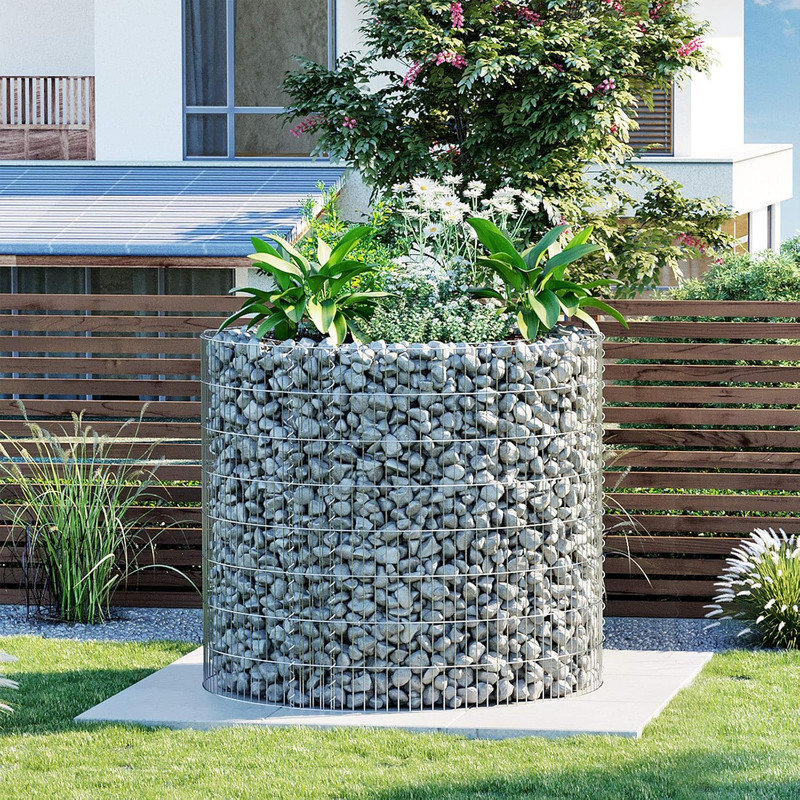 Gabion, round, gabion basket, stone basket made of metal, 2.5 x 10 cm close-meshed grid, wire fence made of galvanized steel, rust-proof, 90 x 80 cm, silver