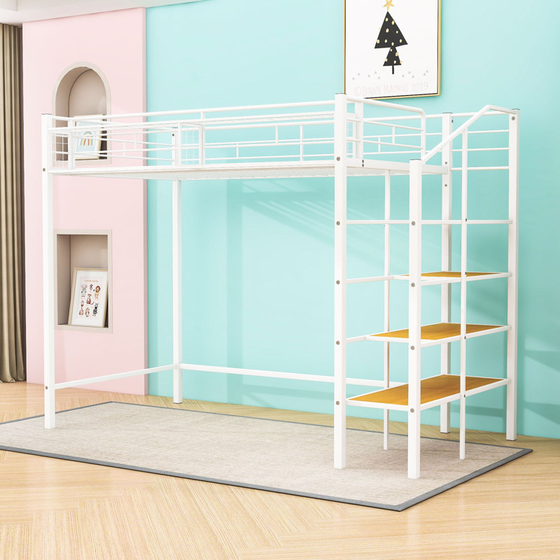Lit mezzanine simple en métal avec rangement intégré et design contemporain, Blanc