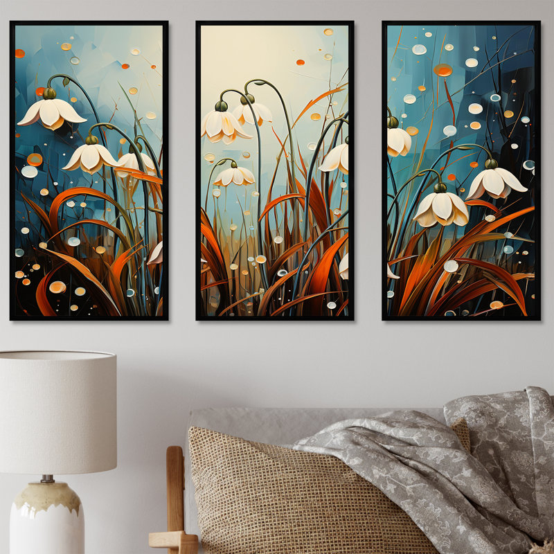 «Mountain Snowdrops Charm In Winter I», ensemble d'art mural sur toile, Cadre flottant noir, H 32 po x l 48 po x P 1 po