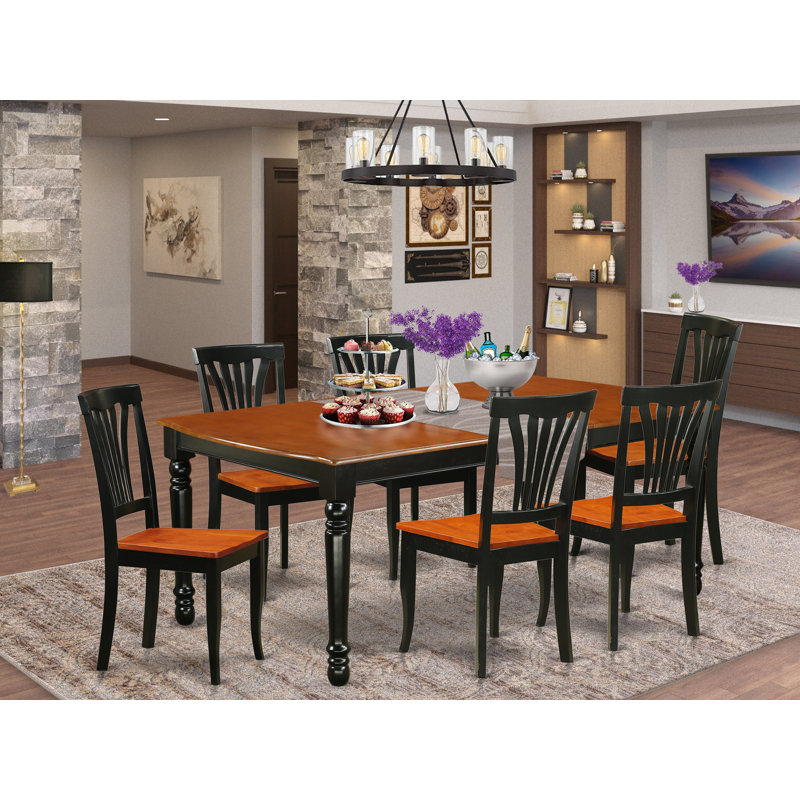 Ensemble de table de salle à manger 7 pièces composé d'une table de salle à manger rectangulaire avec rallonge papillon et 6 chaises en bois, 42 po x 78 po, noir et cerisier