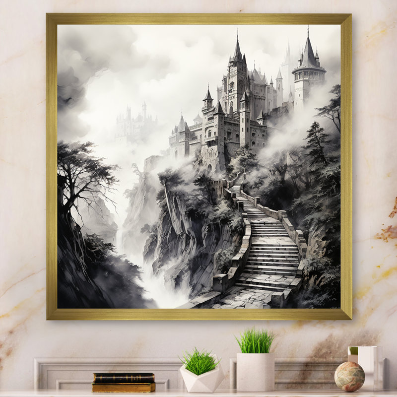 «Gray Foggy Fairytale Castle», art mural fantastique, Cadre doré simple, H 30 po x l 30 po x P 1,5 po