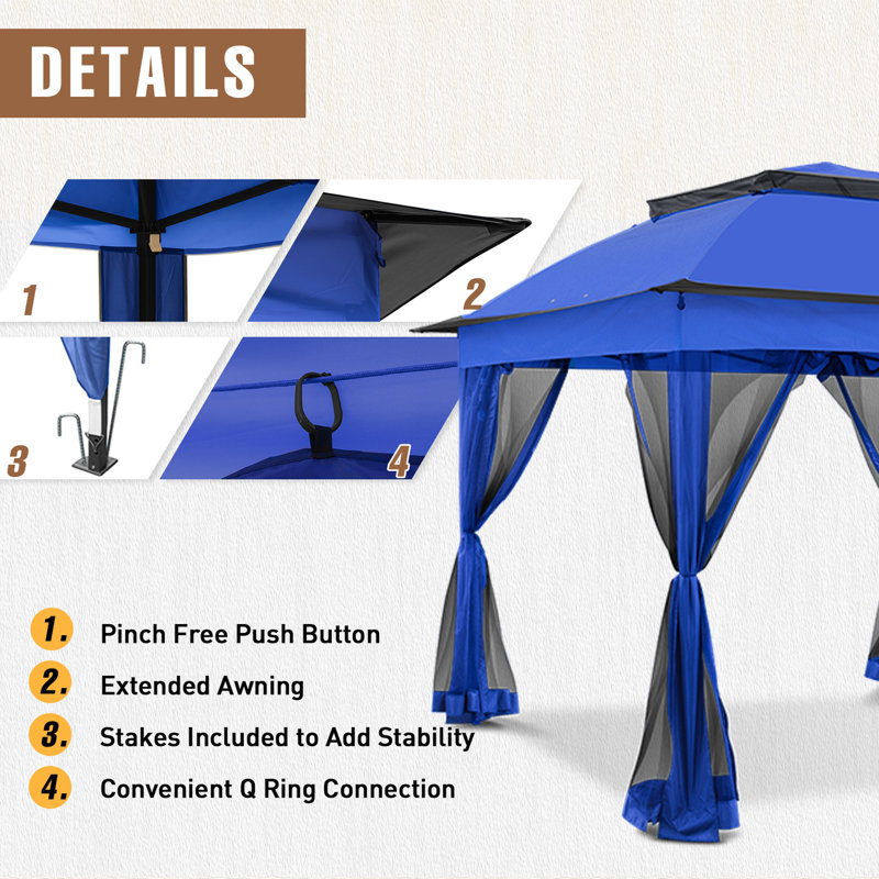 11x11 Blue Steel Pop-Up Gazebo with Mesh Walls