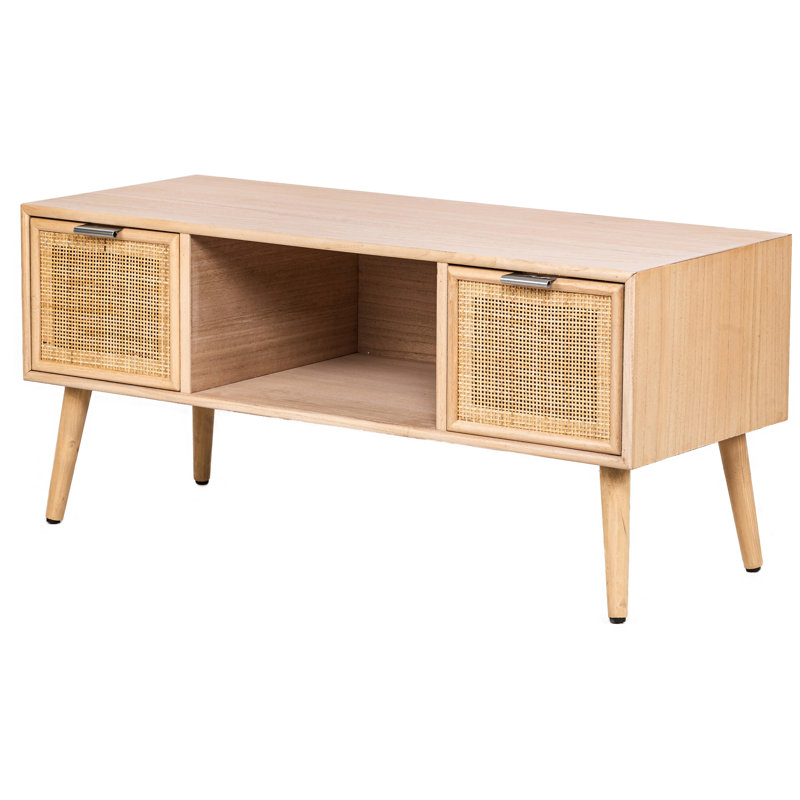 Meuble télé avec 2 tiroirs en bois et rotin Vierra