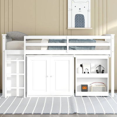 Lit mezzanine simple avec armoire de rangement, armoire à tiroirs et à tablettes et bureau coulissant, lit mezzanine en bois d'hévéa avec barrière de sécurité, échelle