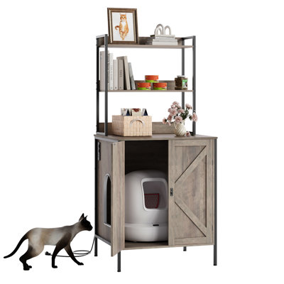 70" Farmhouse Cat Litter Box Furniture, Fits Smart Boxes Up to 26x28x31", White w/ Shelves & Pet Door, White
