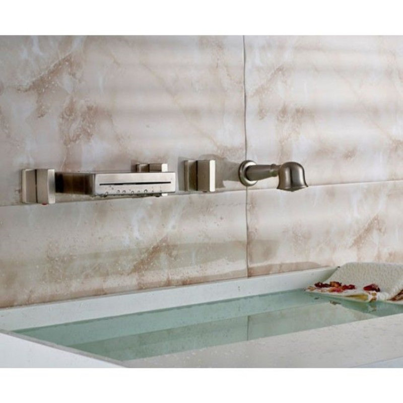 Juno Triple Handle Waterfall Bathtub Faucet with Handheld Shower – Brushed Nickel Finish, Deck Mount, Brass Construction