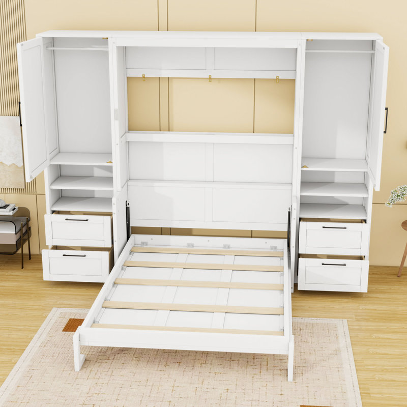 Lit escamotable en bois avec tiroirs et tablettes de rangement intégrés, Double, Blanc