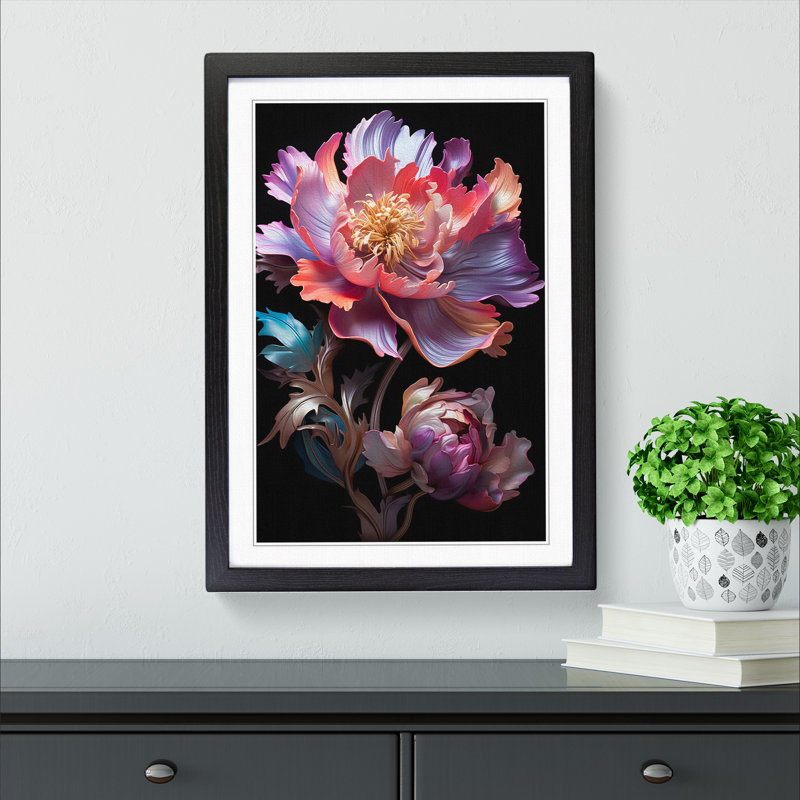 Peony Flower Neo-Plasticism No.3 - Single Picture Frame Print on Wood, 46cm H x 34cm W x 2cm D, Black Framed