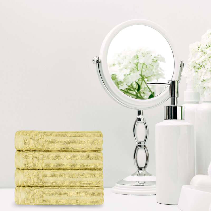 Kleiman Cotton Highly Absorbent Solid and Checkered Border Hand Towel Set, Yellow Gold