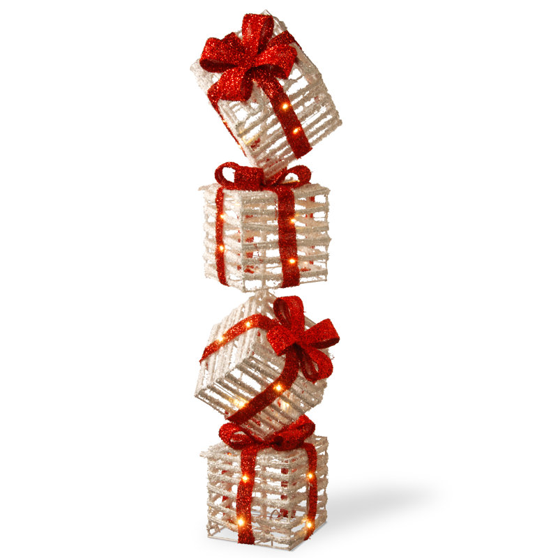 33" White Plastic Rattan Giftbox Tower With 35 Micro Warm White Battery Operated LED Lights