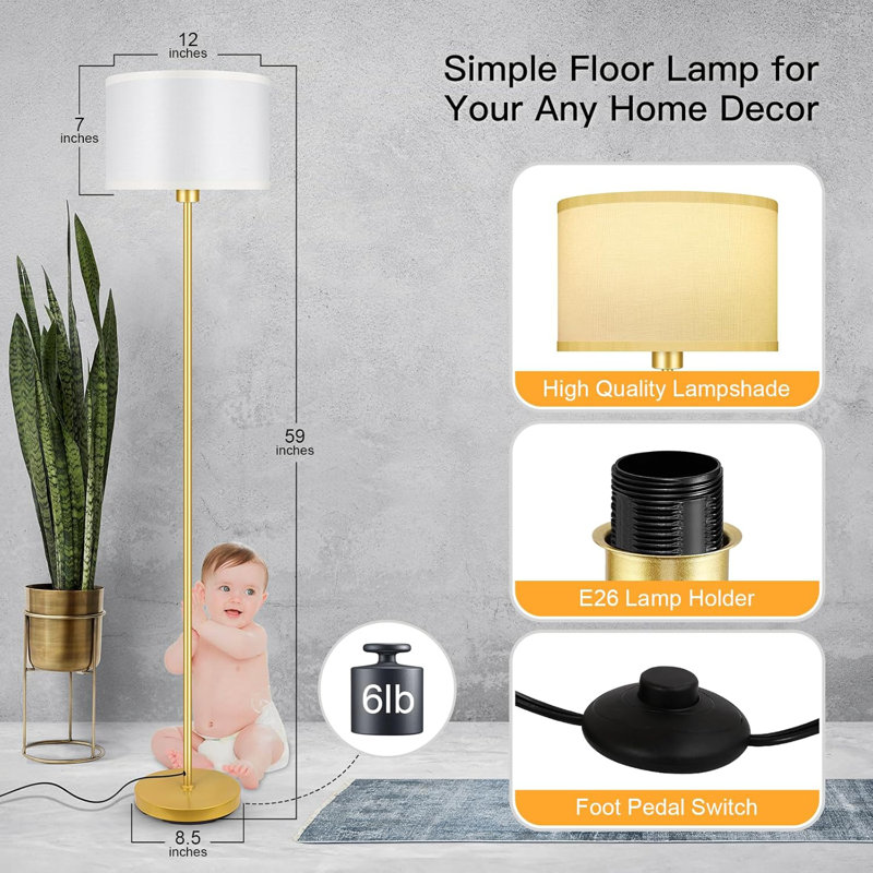 59" Modern Floor Lamp With Linen Shade, Adjustable Brightness, Foot Switch, E26 Base (No Bulb Included), Ideal For Living Room, Bedroom, Office, Den, Kids Room