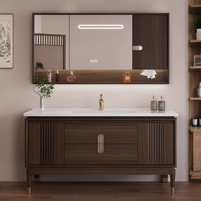 Meuble-lavabo de salle de bain 40,16 po en bois d'hévéa brun et blanc avec miroir, 40"