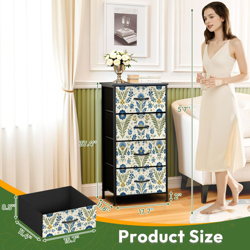 Commode à 4 tiroirs pour chambre à coucher à motif floral bleu botanique feuilles vertes accents jaunes petite commode à vêtements rétro pour organisateurs de placard avec commode