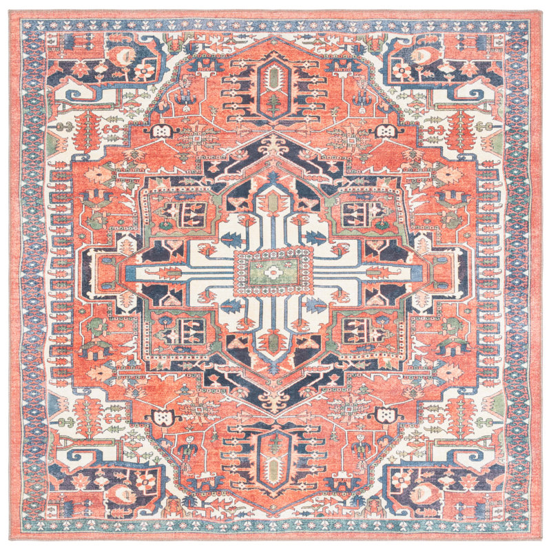 Wyneken Cotton/Chenille Machine Washable Southwestern Rug in Rust/Navy, Square 6'7"