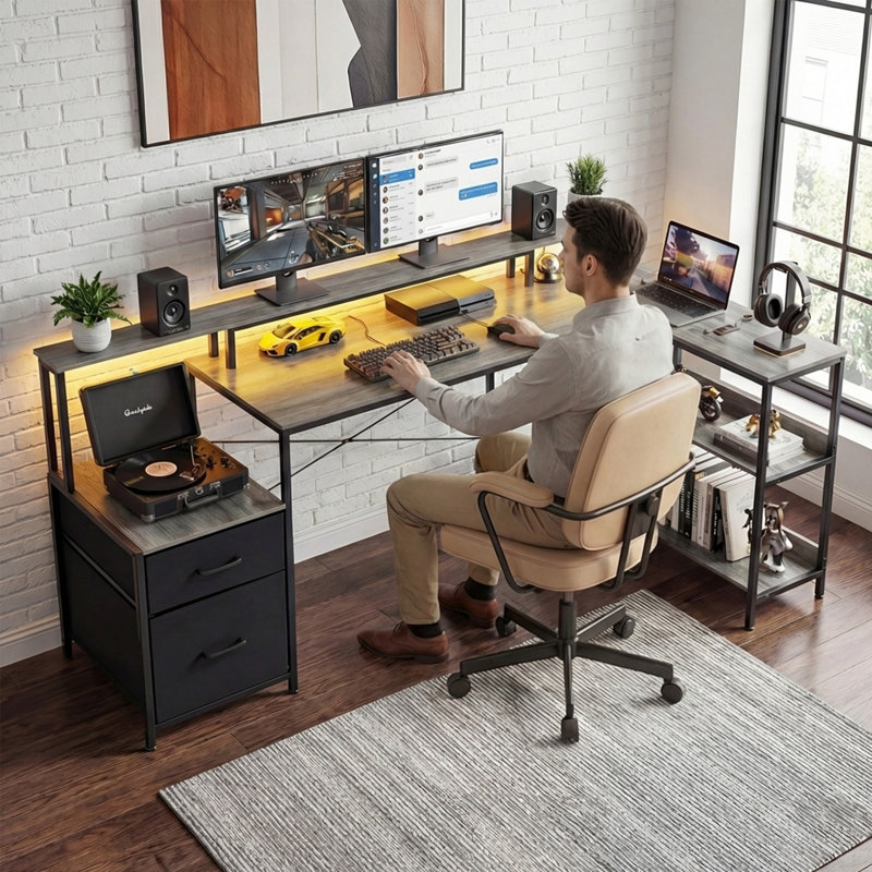 L-Shaped Office Desk with Storage Drawer and Shelf, Reversible L-Shaped Computer Gaming Desk with Power Outlet & LED, Gray