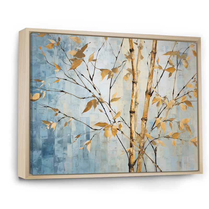 Or et bambou bleu sur toile, H 30 po x l 40 po x P 1,5 po, Cadre naturel flottant